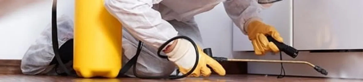 Roach exterminator treating cracks and crevices along kitchen baseboards in Cincinnati, OH